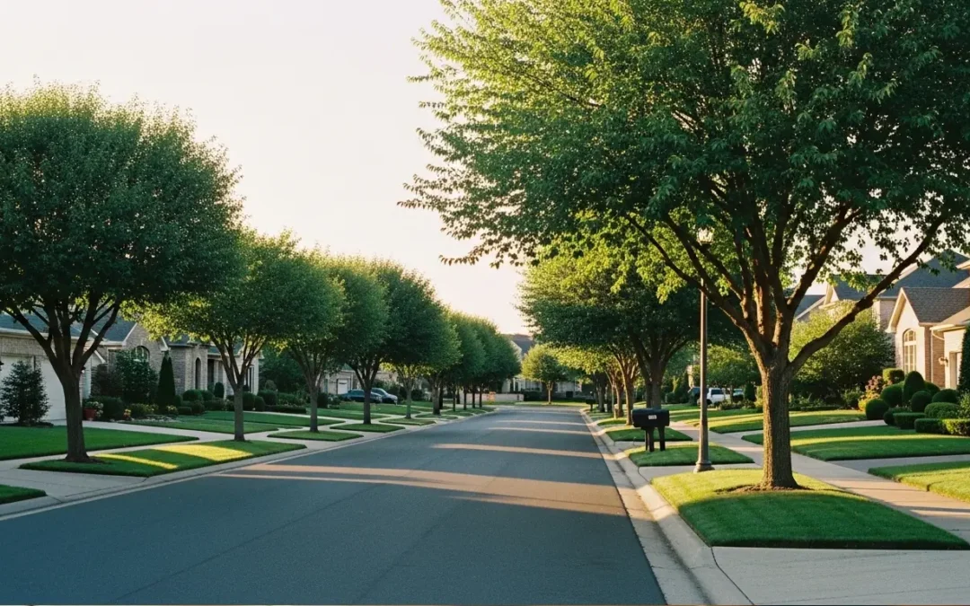 Tree Lined Suburban HOA Managed Neighborhood During Golden Hour